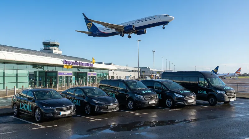 Local Taxis fleet at Newcastle Airport with Ryanair flight overhead