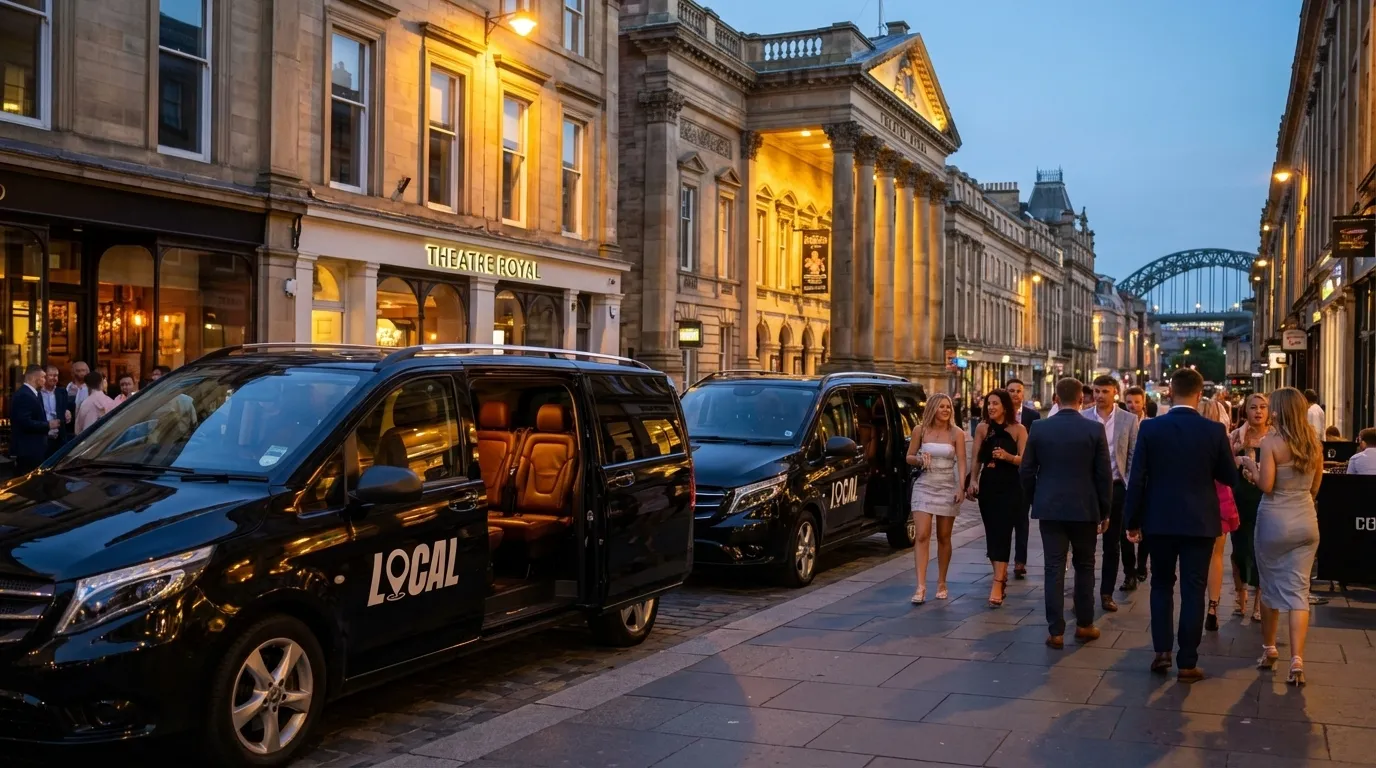 Local Taxis on Grey Street Newcastle at dusk with Tyne Bridge
