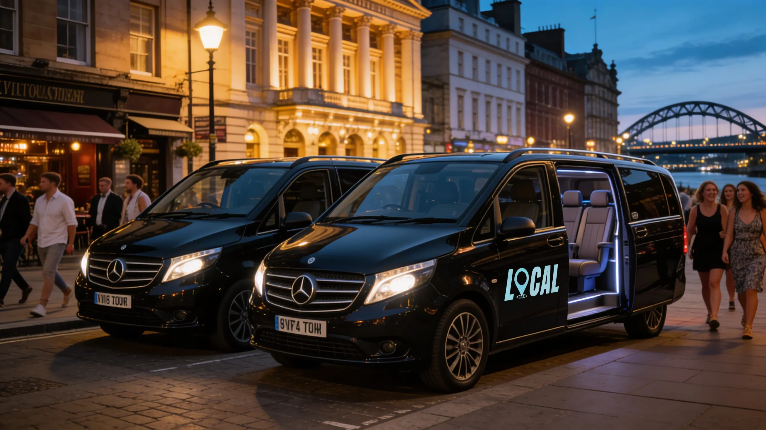 Local Taxis Mercedes Vito minibuses on Grey Street, Newcastle at night